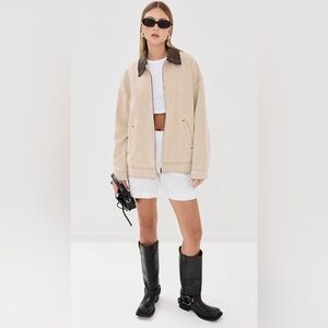 NWT Lioness Neutral Zip Bomber Jacket in Beige with Dark Collar.